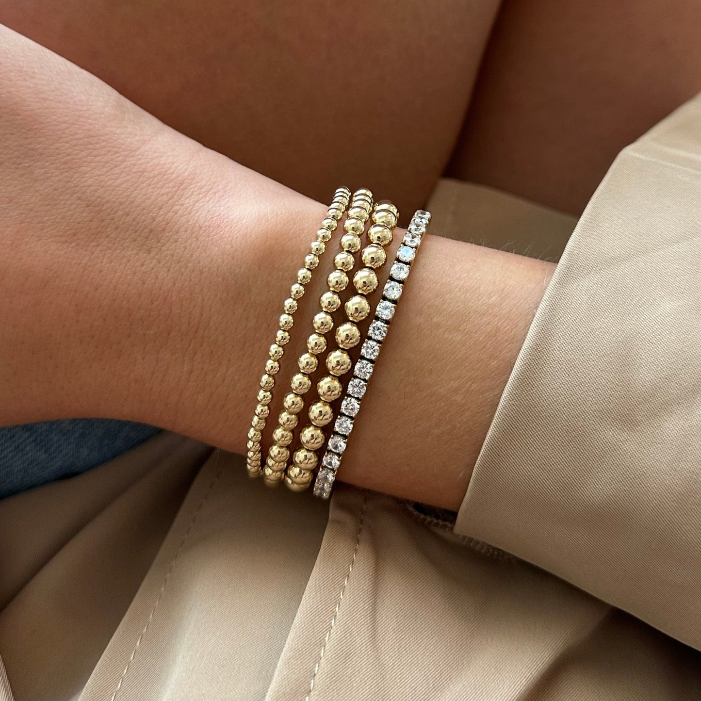 tennis + juno bead bracelet four stack (3+3+4+5mm)