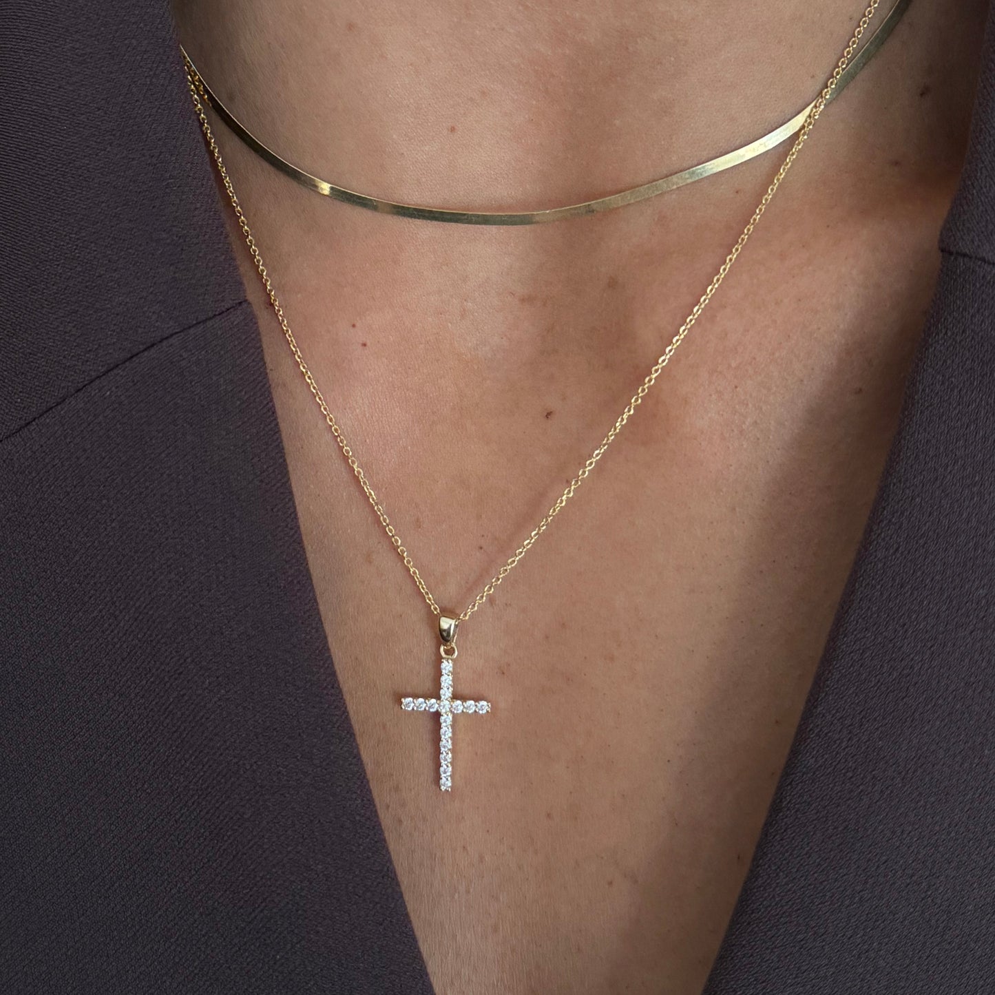 14k pavé cross necklace
