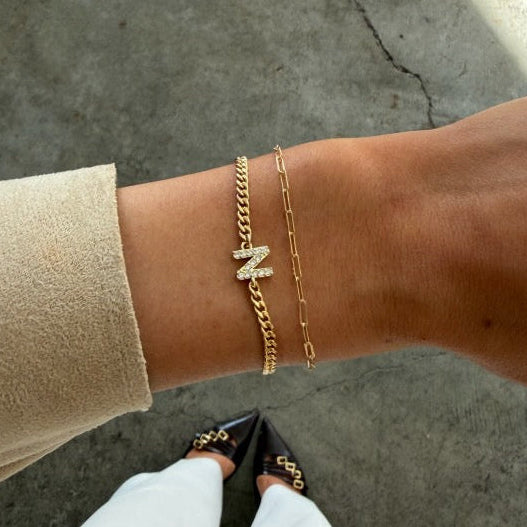 pavé initial + paperclip bracelet stack
