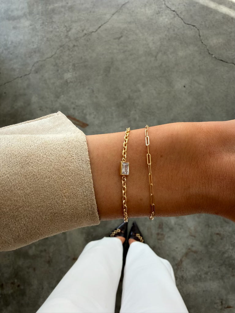 rectangle bezel + paperclip bracelet stack