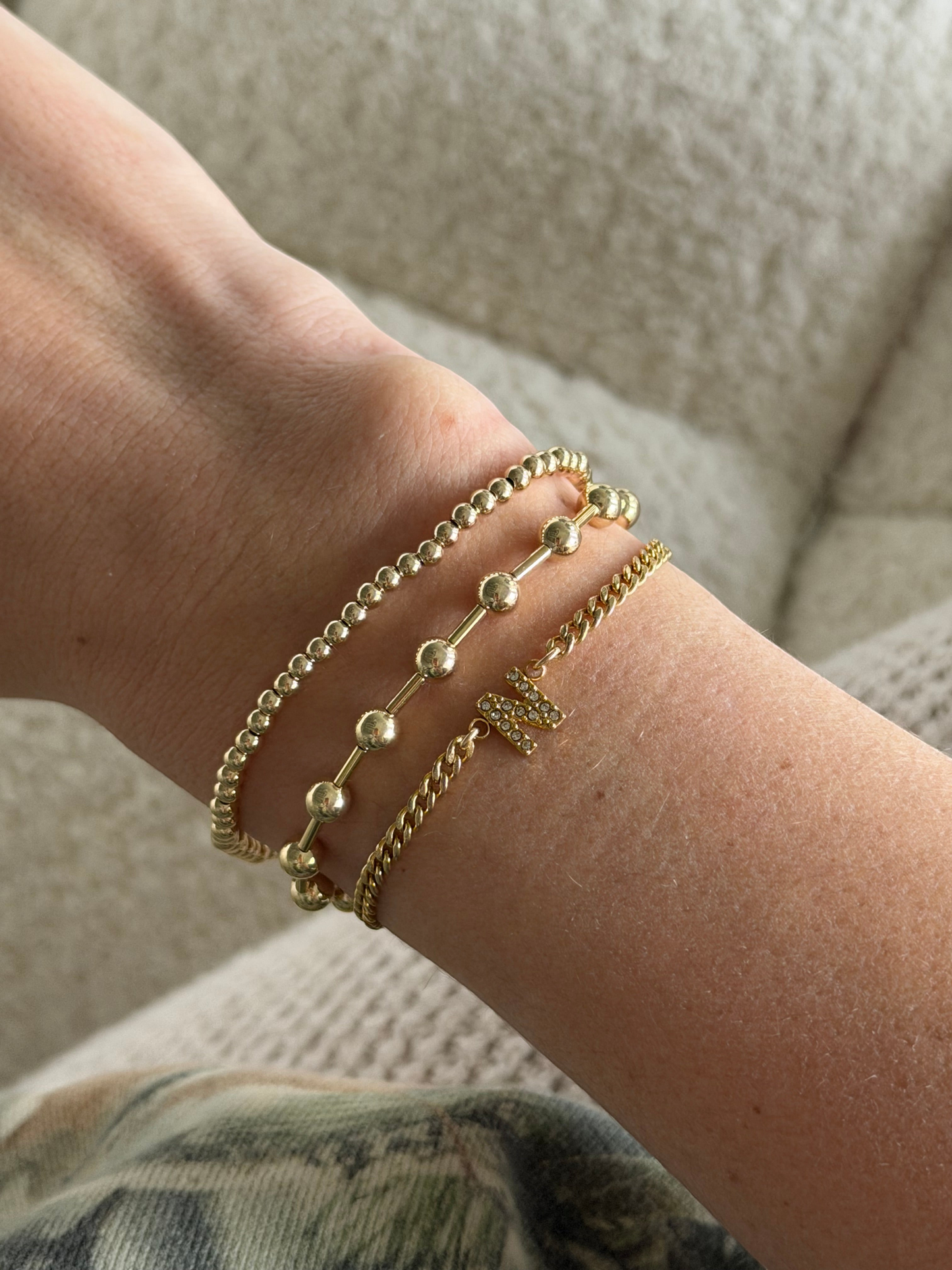 pavé initial + station + juno bead bracelet three stack (3+4mm)
