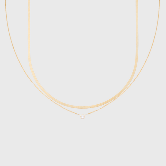 Layering-Set aus 14 Karat zierlichem Fischgrätenmuster und Berkeley-Diamant-Halskette