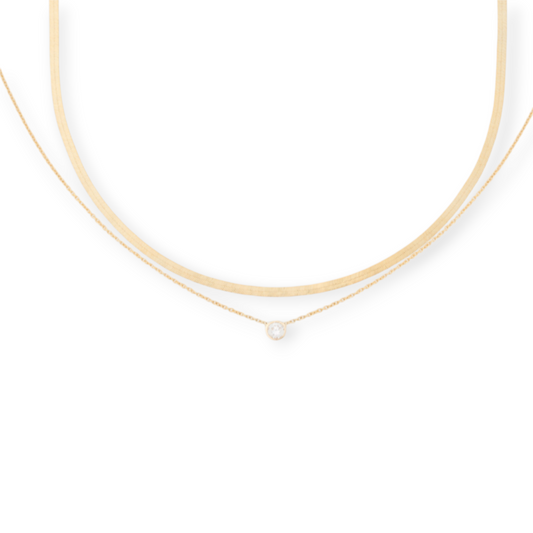 14k dainty herringbone + everyday round diamond necklace layering set