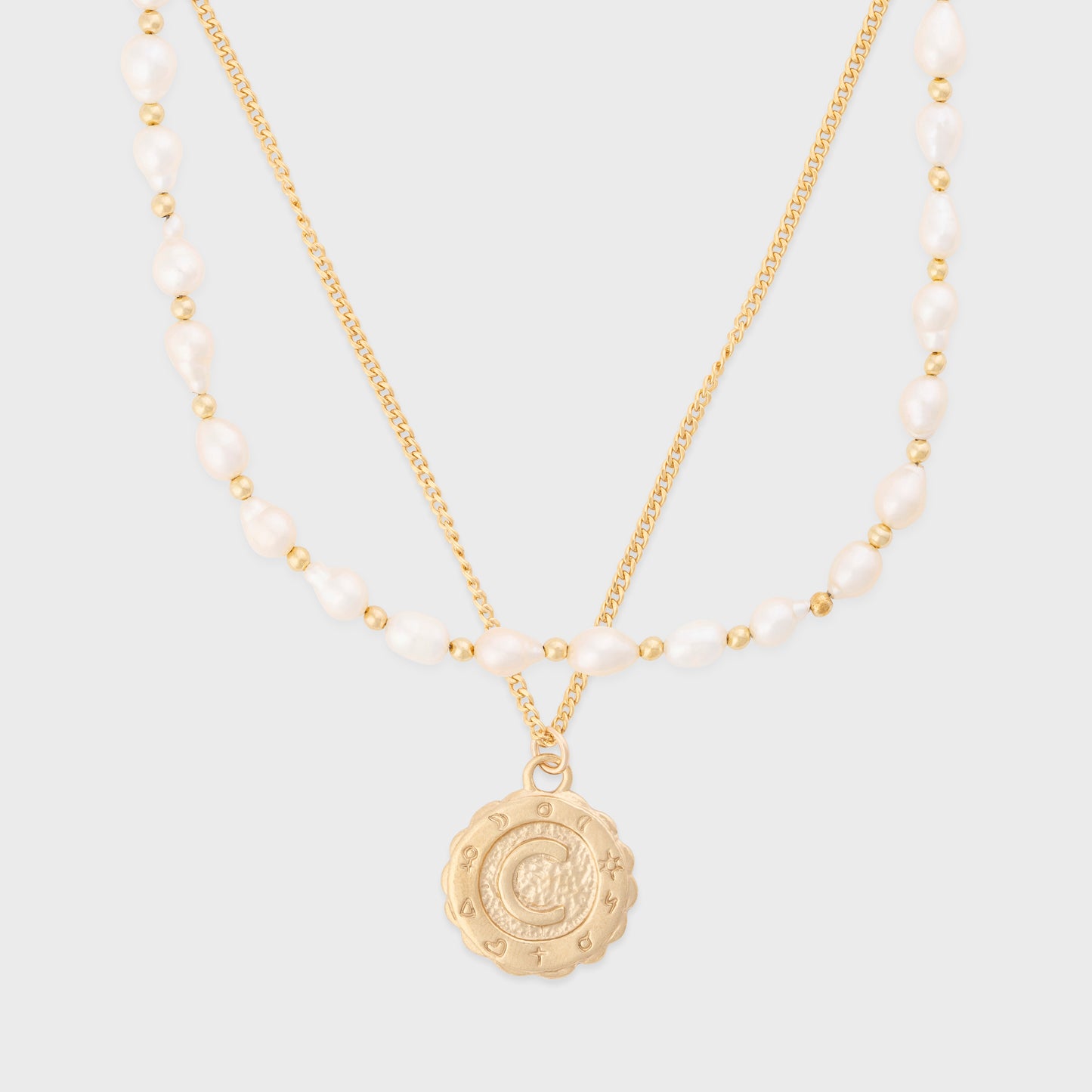 baroque pearl + goddess initial necklace layering set