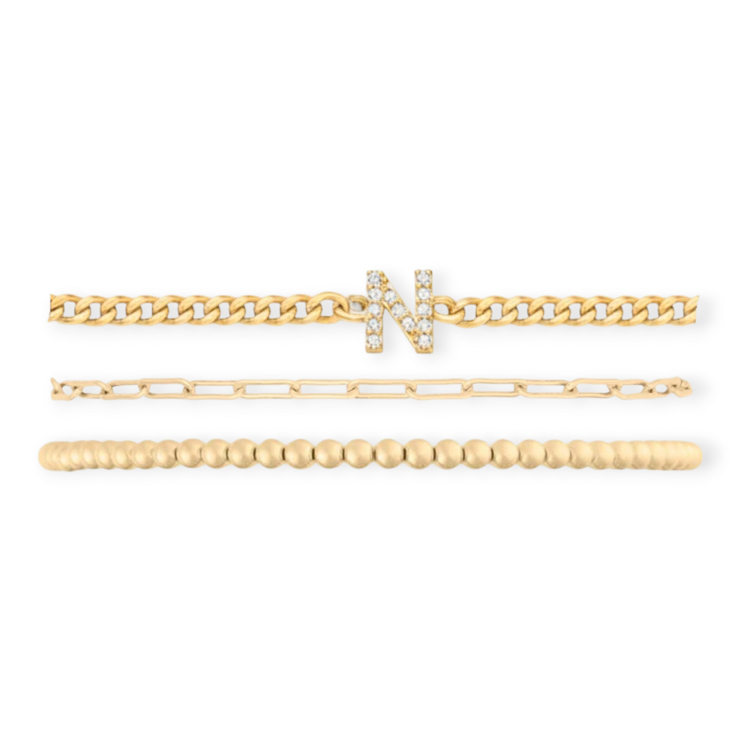 pavé initial + paperclip + juno bead (3mm) bracelet stack