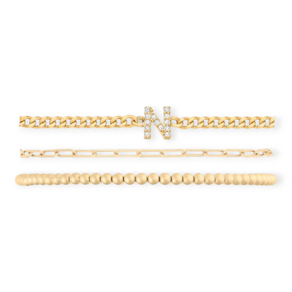 pavé initial + paperclip + juno bead (3mm) bracelet stack
