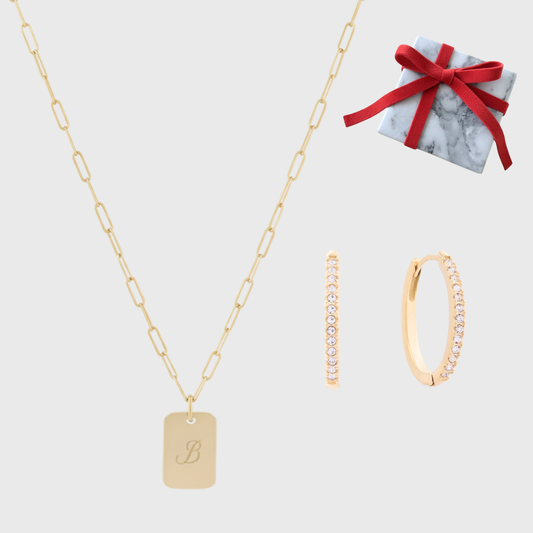 valentines bundle 💝 dog tag initial necklace + rocky stone hoops + gift wrap