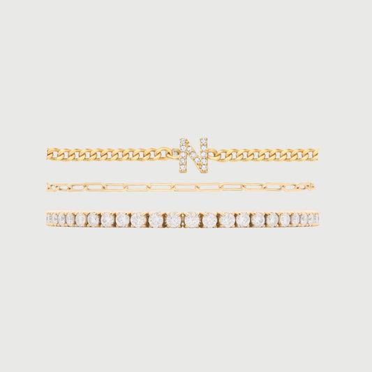 pavé initial + paperclip + tennis bracelet stack