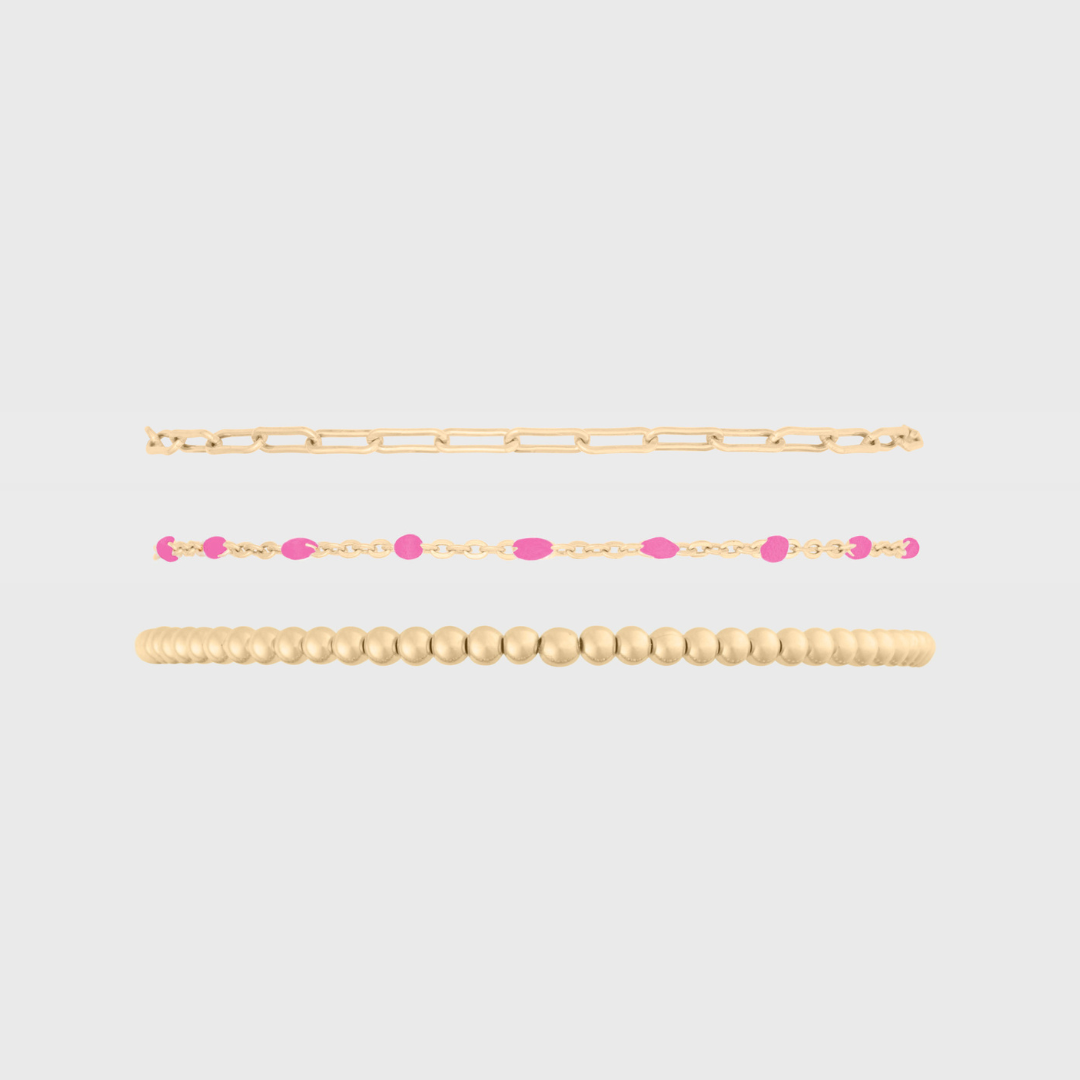 pink daisy + paperclip + juno (3mm) bracelet triple stack