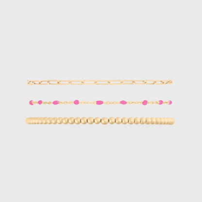 pink daisy + paperclip + juno (3mm) bracelet triple stack