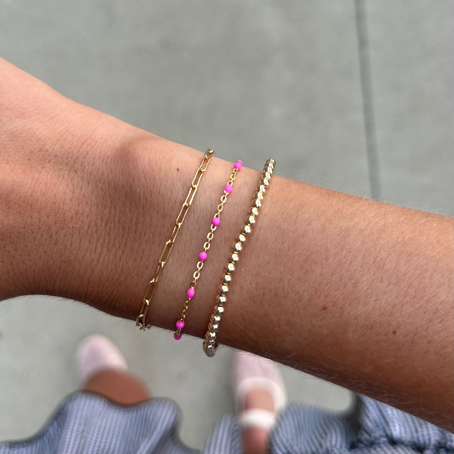 pink daisy + paperclip + juno (3mm) bracelet triple stack