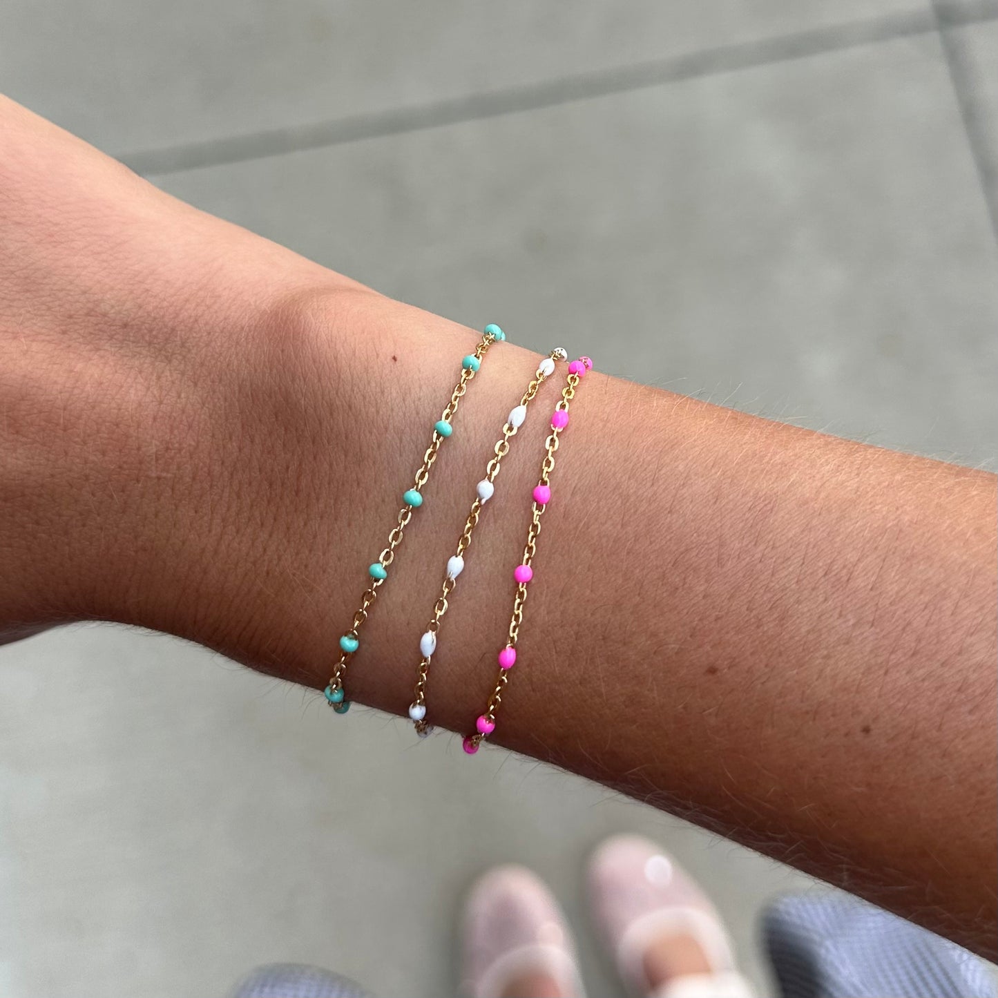 turquoise + pink + white daisy bracelet triple stack