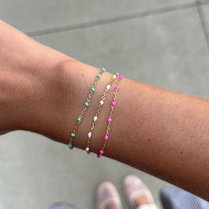 turquoise + pink + white daisy bracelet triple stack