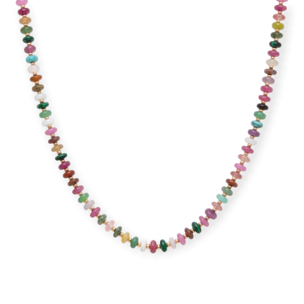 Cuffed by Nano LLC multicolor beaded necklace with pink, purple, yellow, and turquoise beads and 14k gold-filled accents