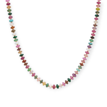 Cuffed by Nano LLC multicolor beaded necklace with pink, purple, yellow, and turquoise beads and 14k gold-filled accents