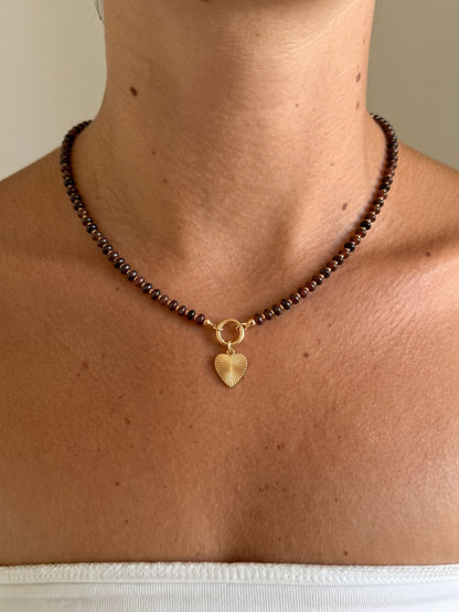 heart clasp brown beaded necklace