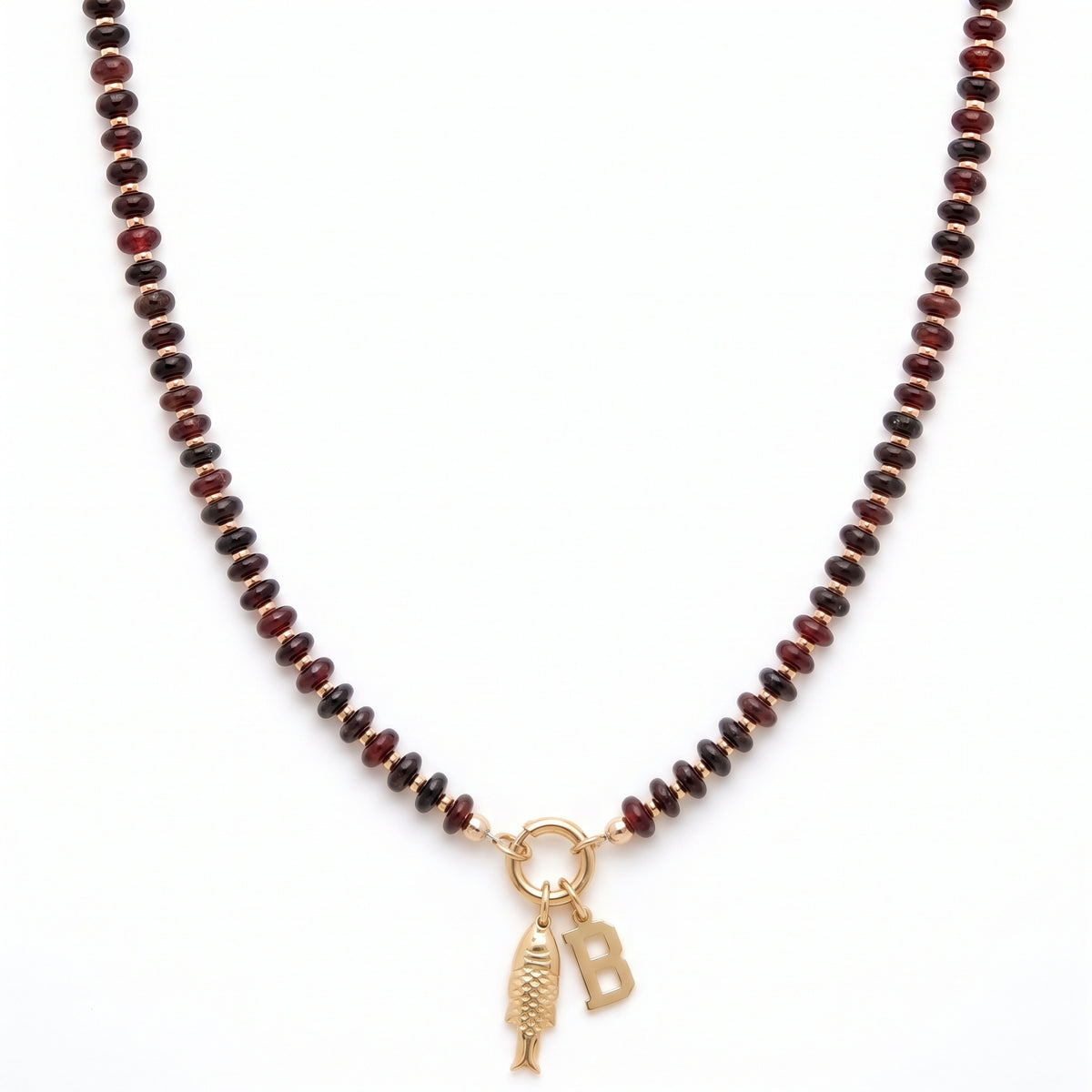 fishy initial brown beaded necklace