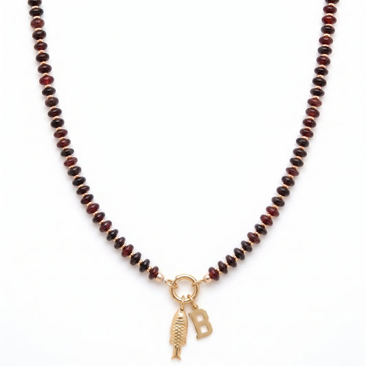 fishy initial brown beaded necklace