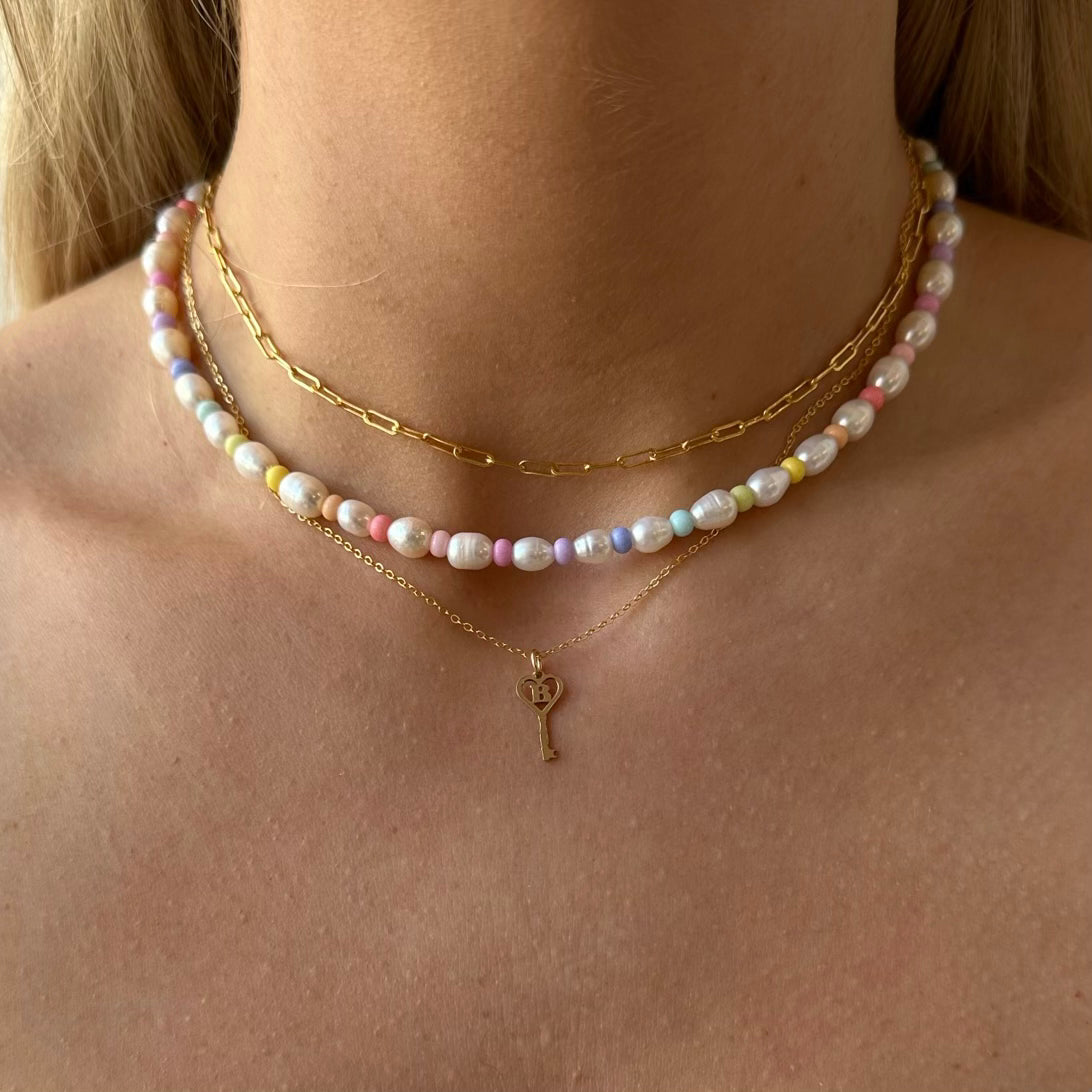 paperclip + rainbow + initial key necklace layering set