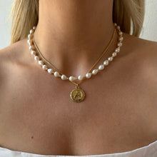 Load image into Gallery viewer, baroque pearl + goddess initial necklace layering set
