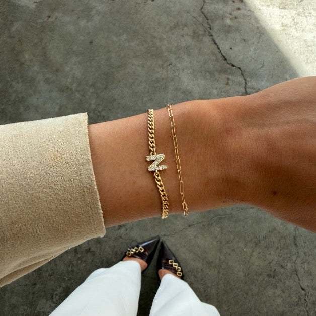 pavé initial + paperclip bracelet stack