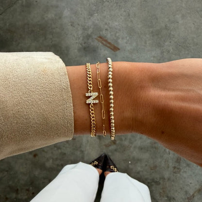 pavé initial + paperclip + juno bead (3mm) bracelet stack