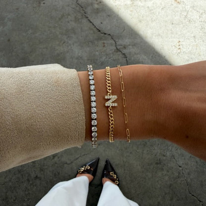 pavé initial + paperclip + tennis bracelet stack