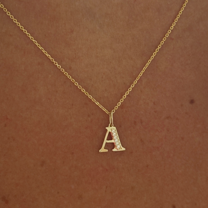 14k pavé block initial necklace