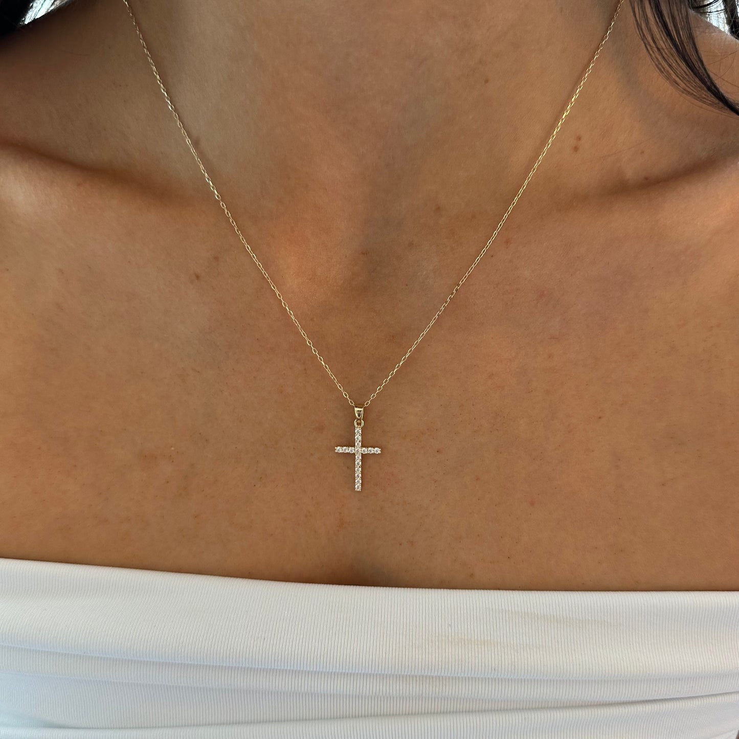 14k pavé cross necklace