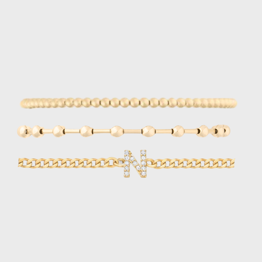 pavé initial + station + juno bead bracelet three stack (3+4mm)