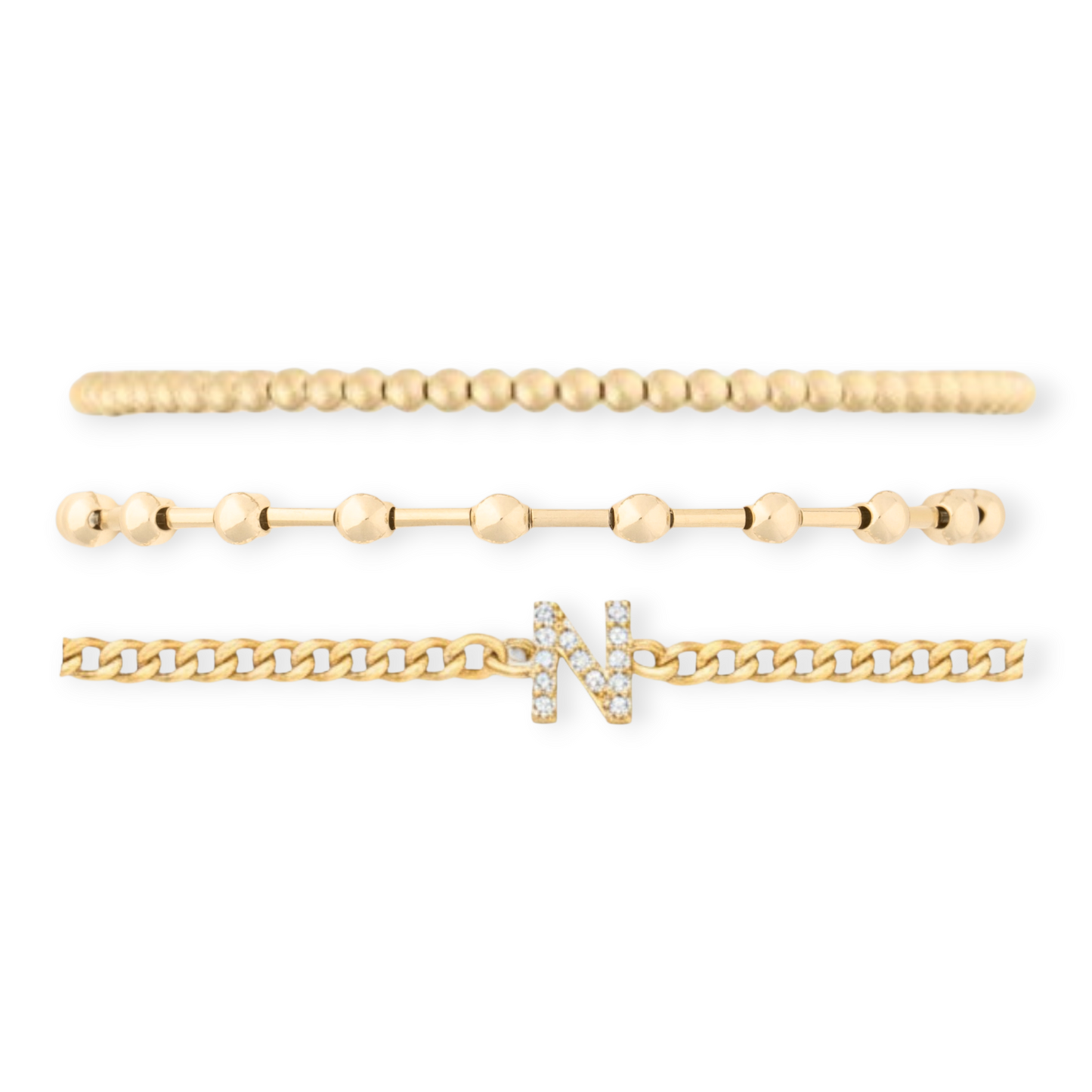 pavé initial + station + juno bead bracelet three stack (3+4mm)