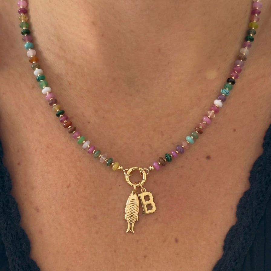 fishy initial multicolor beaded necklace