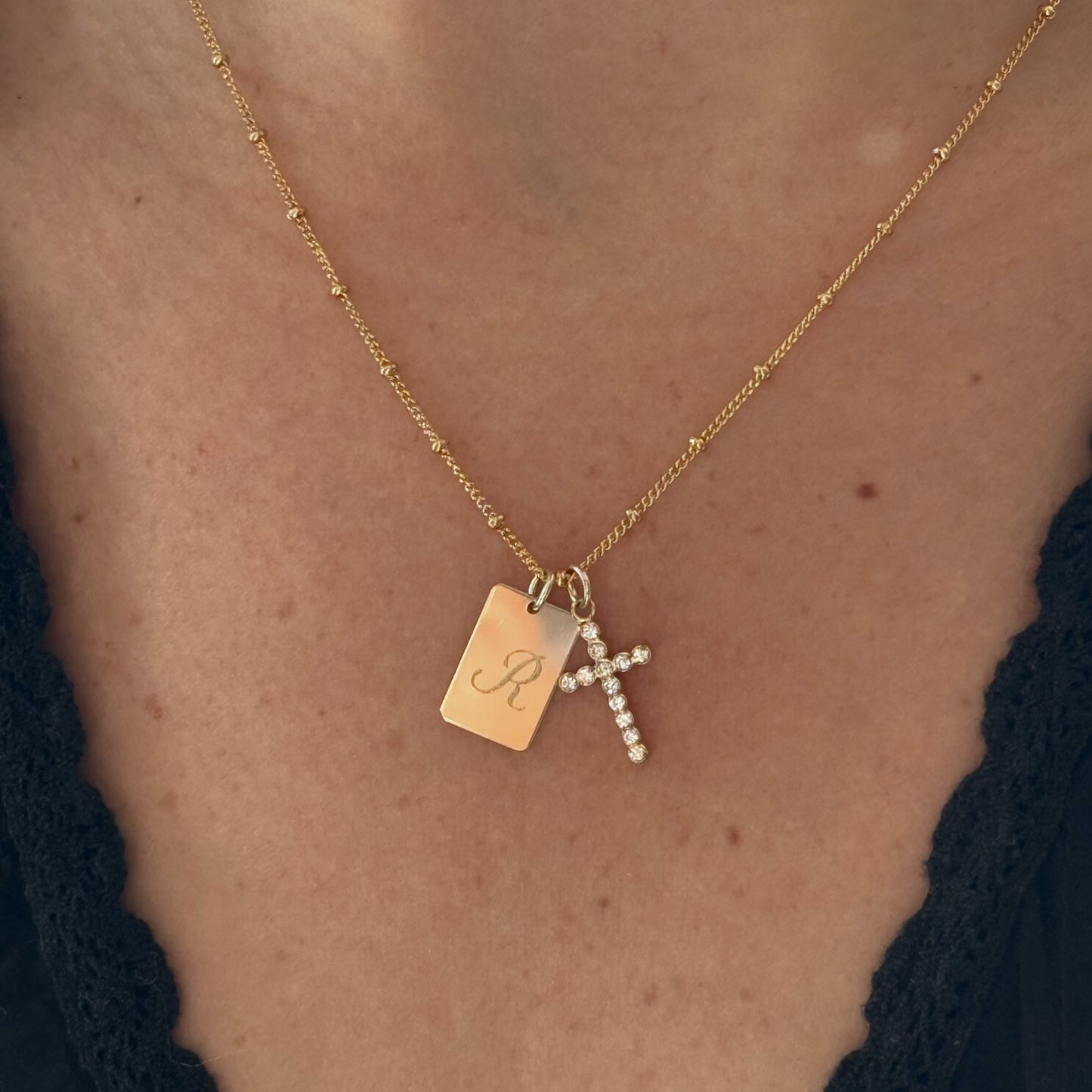 custom initial bezel cross necklace