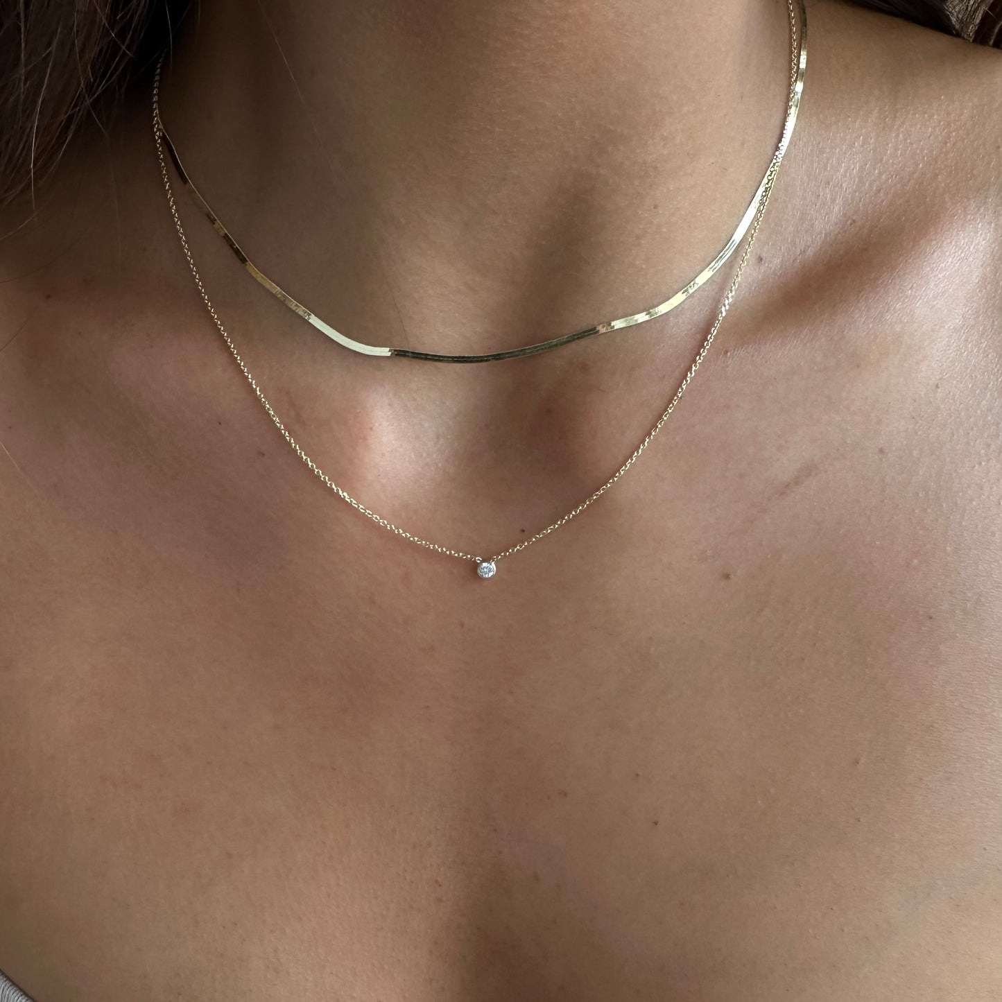 14k dainty herringbone + berkeley diamond necklace layering set