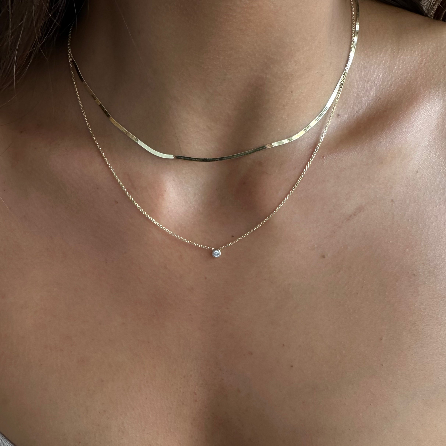 14k dainty herringbone + everyday round diamond necklace layering set