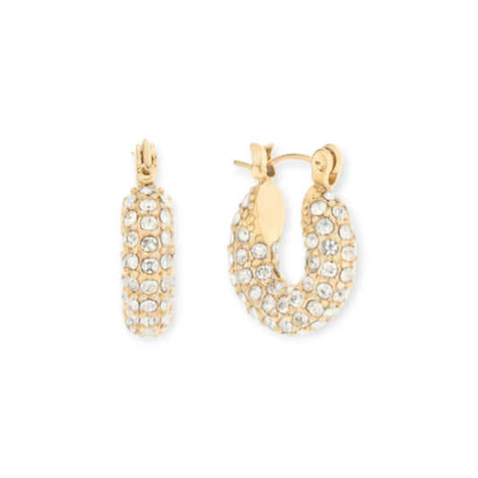 Cuffed by Nano LLC gold PVD stainless steel 15mm mini hoops with pavé cz stones.