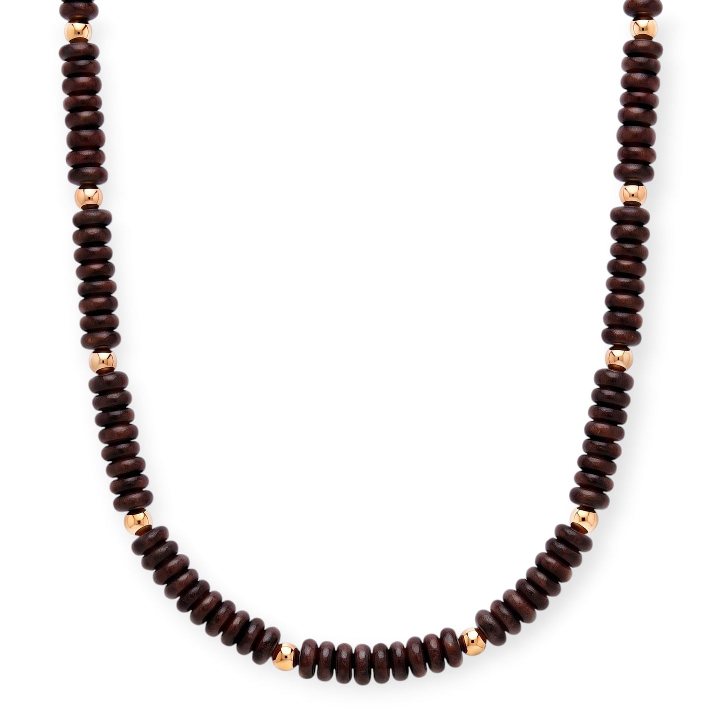 Cuffed by Nano LLC dark chocolate rondelle stone necklace with 14k gold filled beads on a white background.