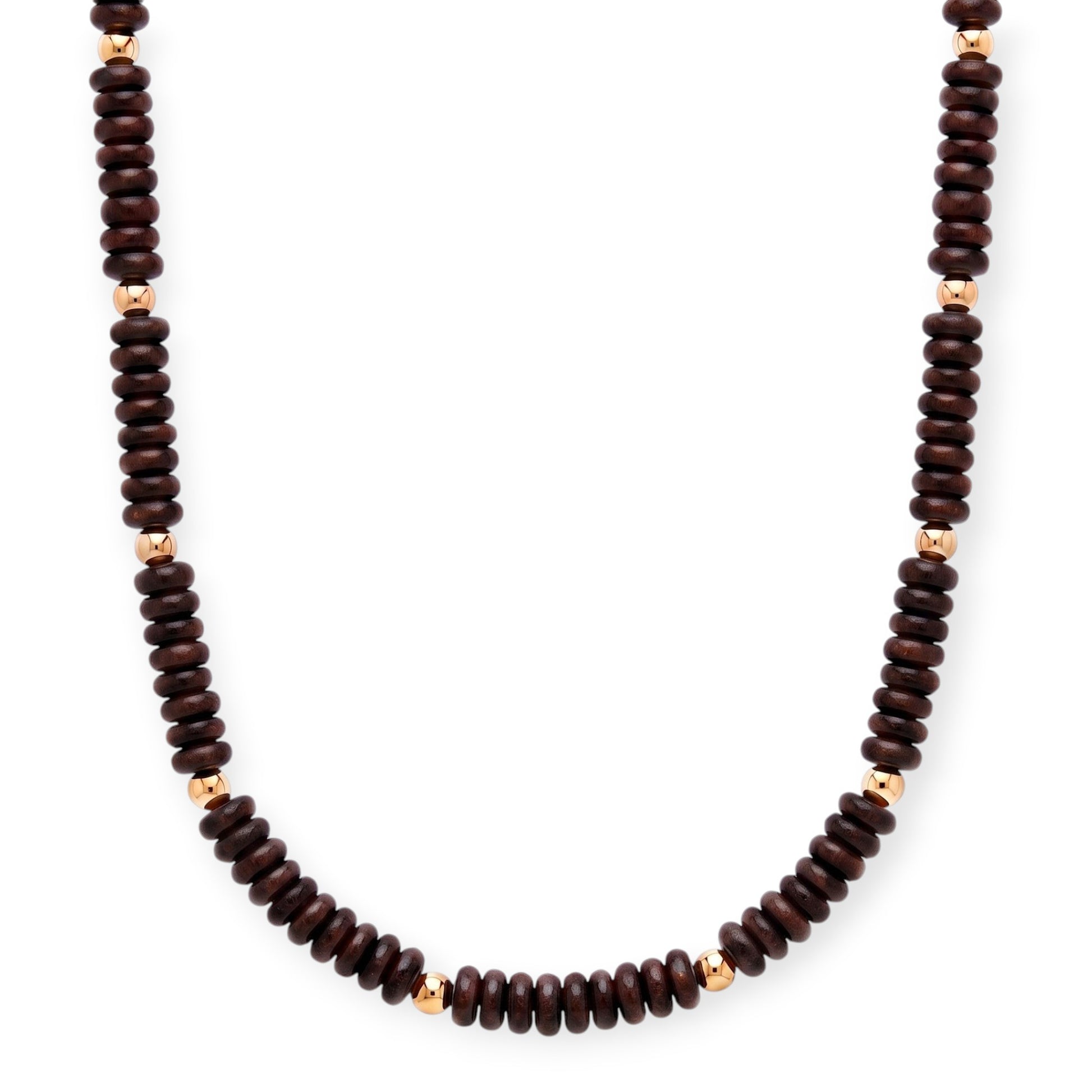 Cuffed by Nano LLC dark chocolate rondelle stone necklace with 14k gold filled beads on a white background.