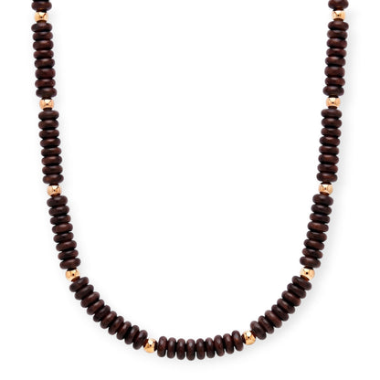 Cuffed by Nano LLC dark chocolate rondelle stone necklace with 14k gold filled beads on a white background.