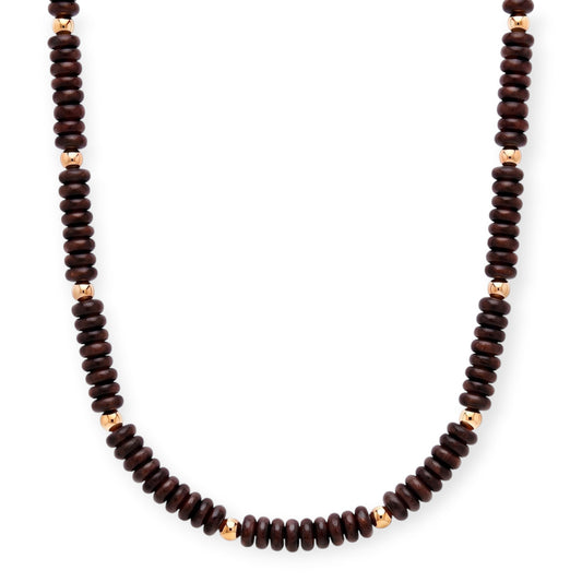 Cuffed by Nano LLC dark chocolate rondelle stone necklace with 14k gold filled beads on a white background.