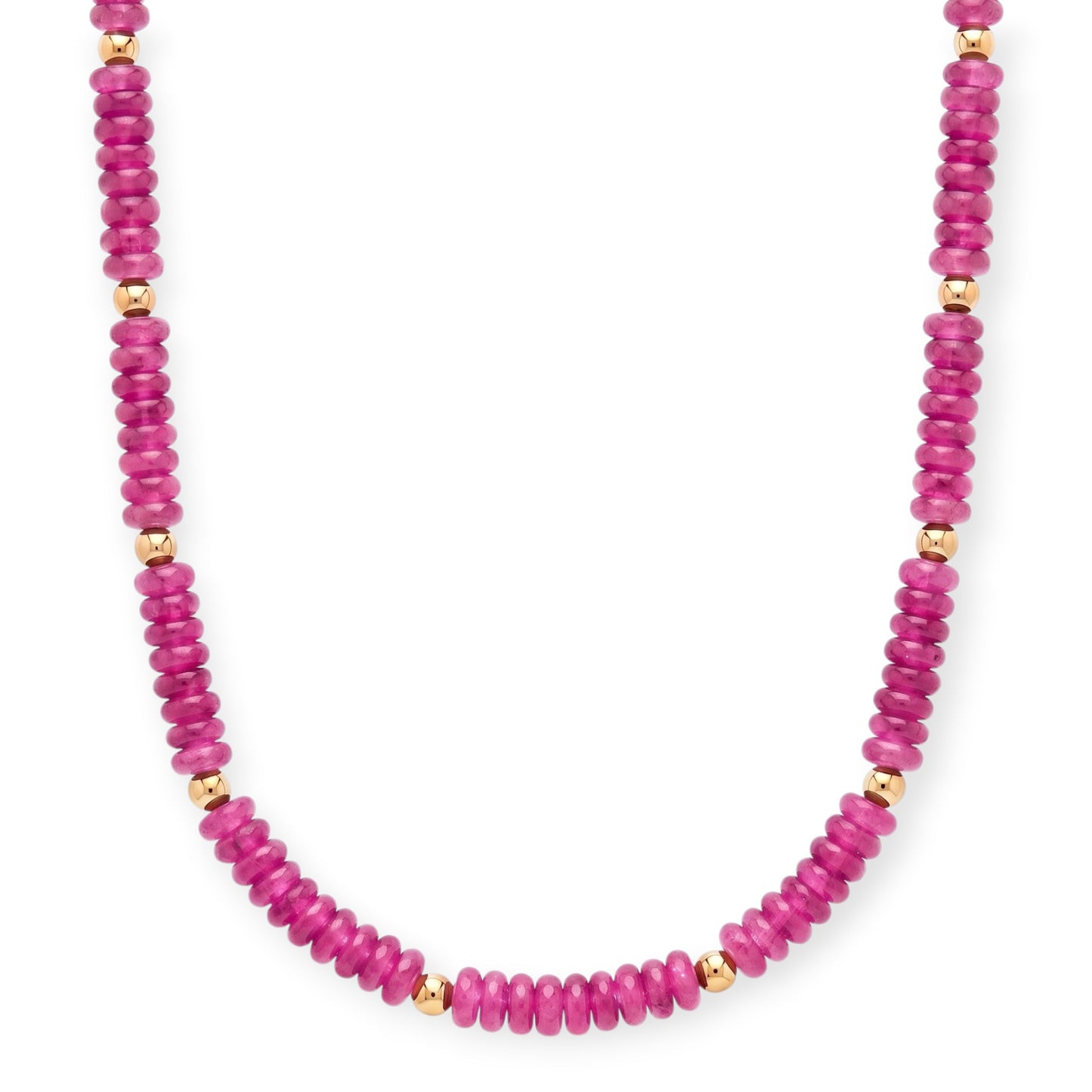 Cuffed by Nano LLC fuchsia rondelle stone necklace with 14k gold filled beads on a white background.