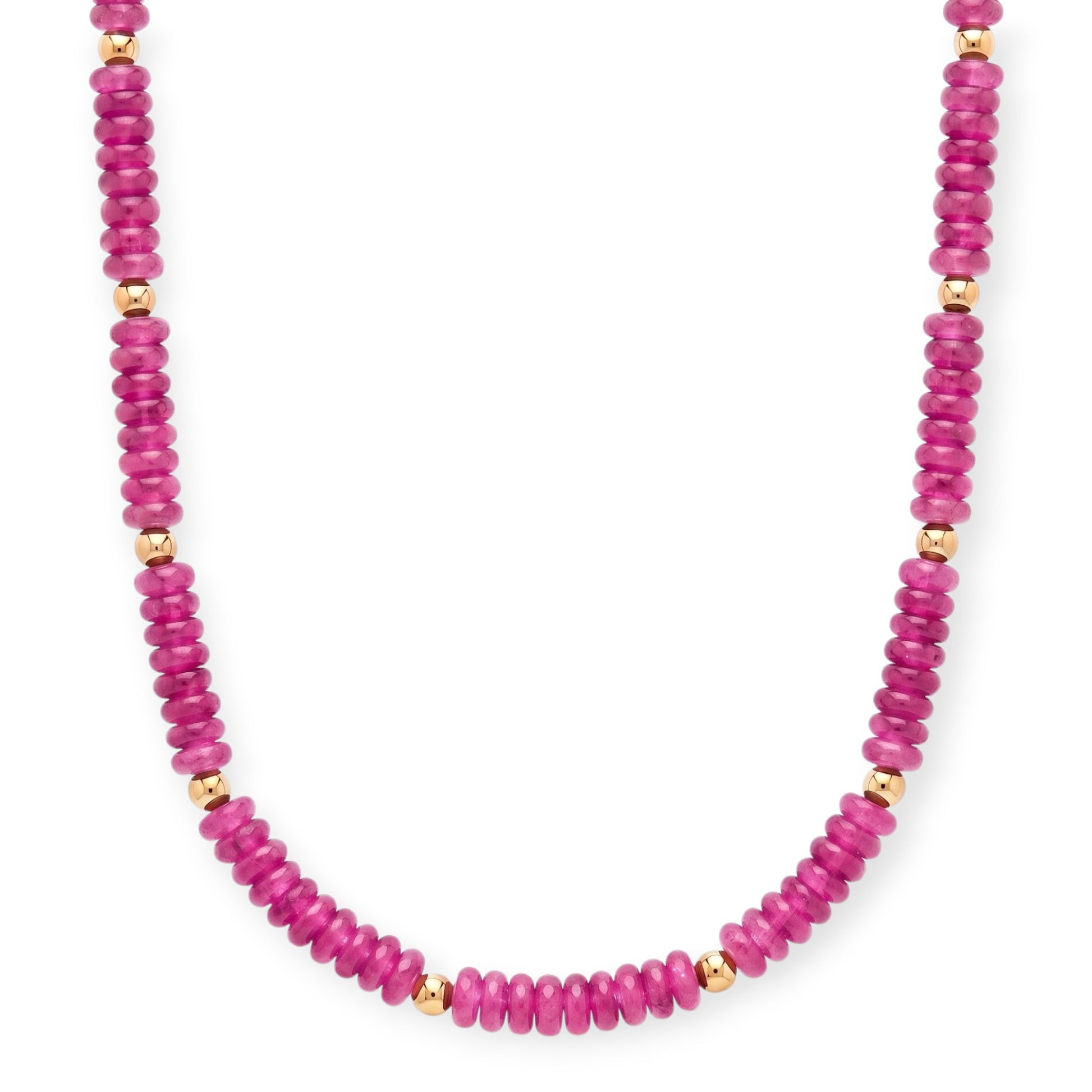 Cuffed by Nano LLC fuchsia rondelle stone necklace with 14k gold filled beads on a white background.
