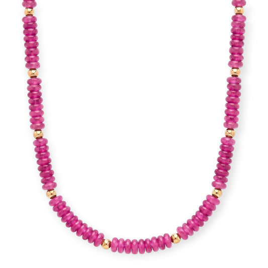 Cuffed by Nano LLC fuchsia rondelle stone necklace with 14k gold filled beads on a white background.