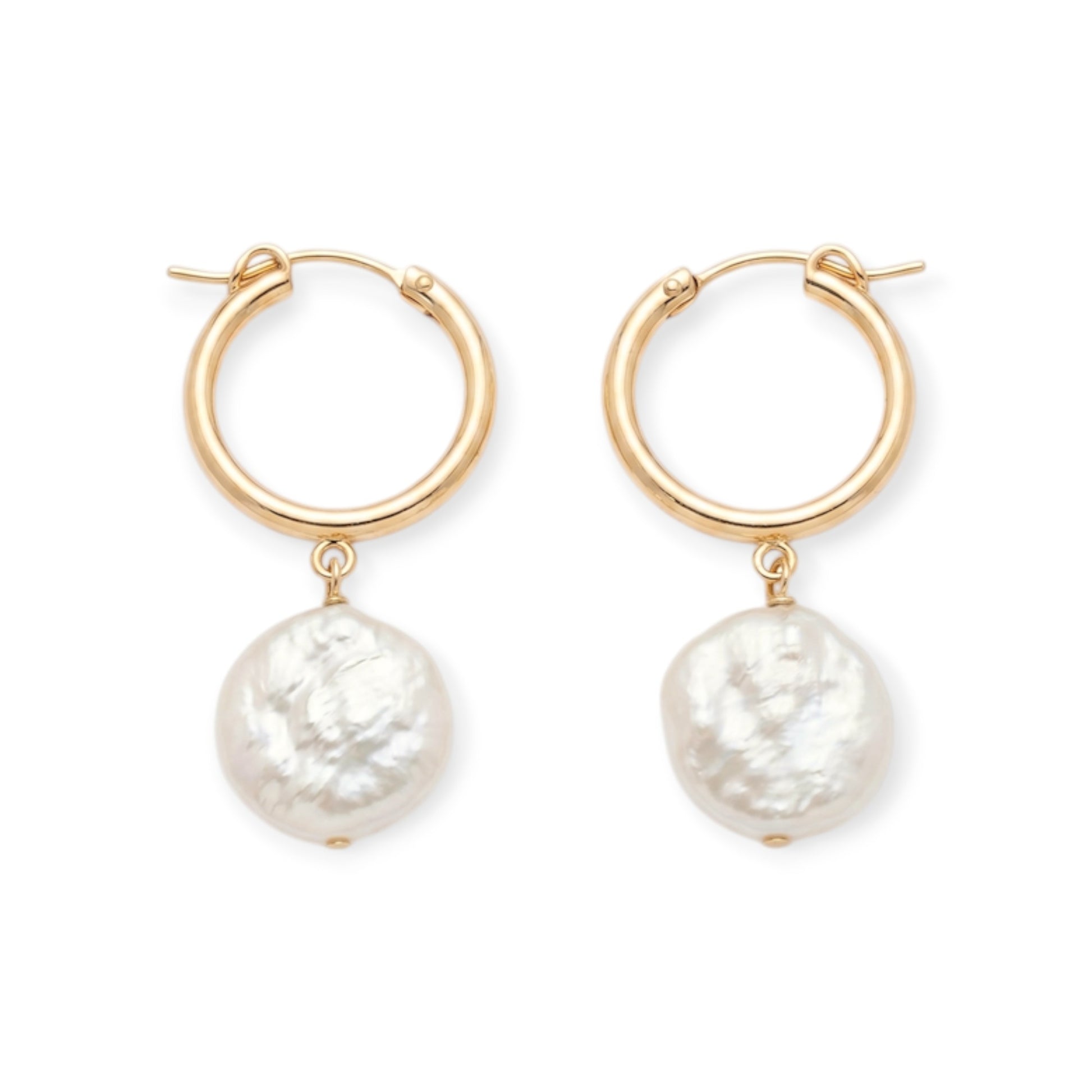 Cuffed by Nano LLC Maureen pearl hoop earrings with 14k gold filled hoops and baroque pearl drops.