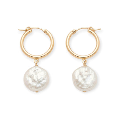 Cuffed by Nano LLC Maureen pearl hoop earrings with 14k gold filled hoops and baroque pearl drops.