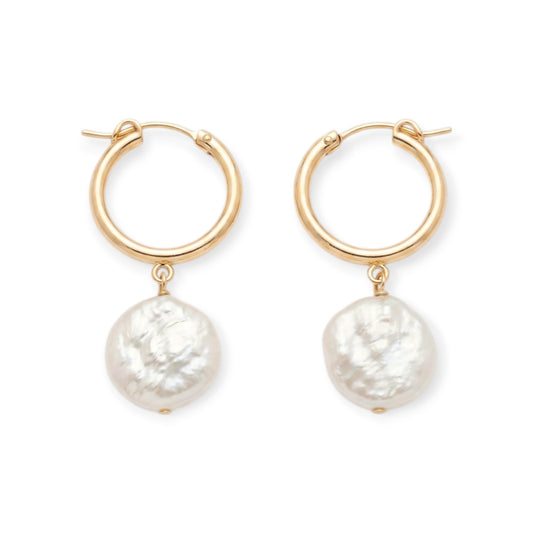 Cuffed by Nano LLC Maureen pearl hoop earrings with 14k gold filled hoops and baroque pearl drops.