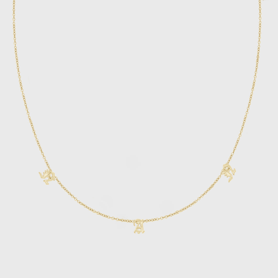 14k dainty old english initial necklace - 3 letters / diamonds