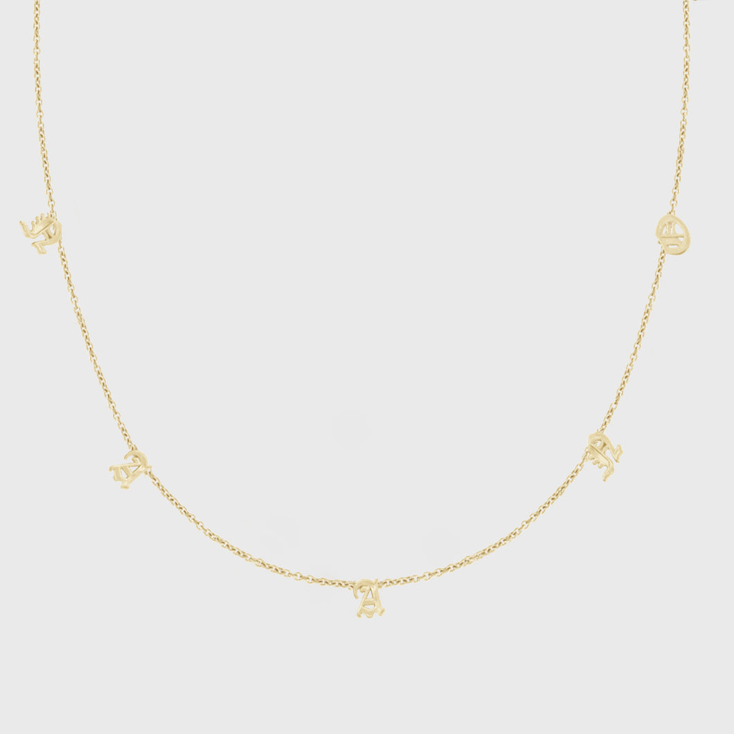 14k dainty old english initial necklace - 5 letters / diamonds