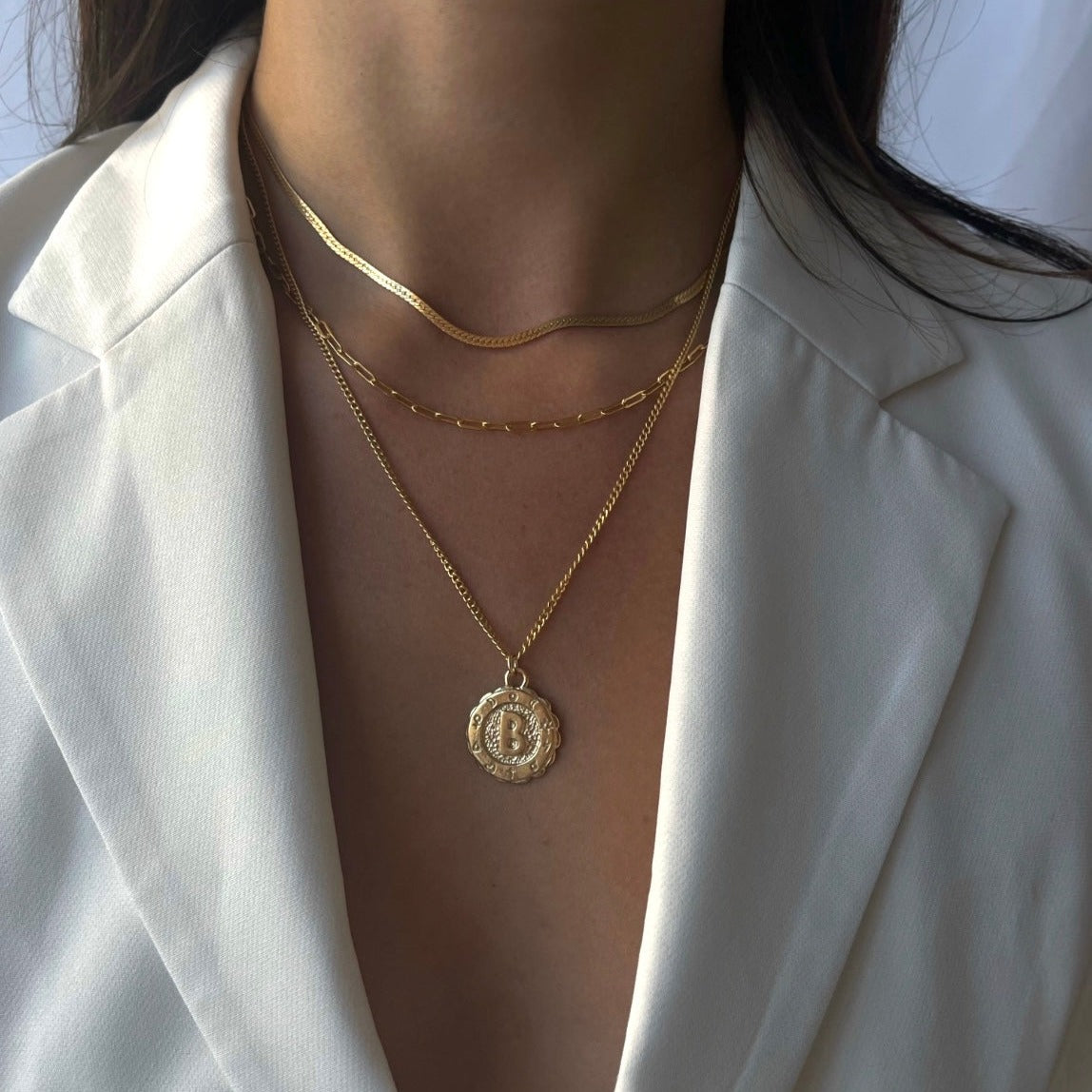 herringbone + paperclip + goddess initial necklace layering set